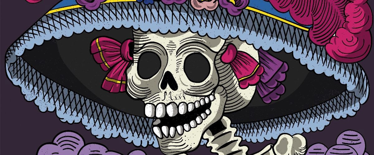 A festive Day of the Dead skull illustration featuring a vibrant sombrero and floral decorations.